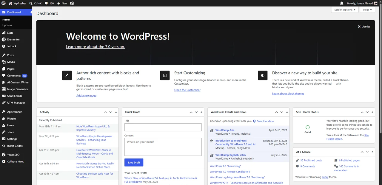WordPress 7.0 Dashboard view